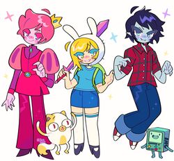  1other 2boys 2girls adventure_time adventure_time:_fionna_and_cake animal_ears animification bmo cake_(adventure_time) cat_ears cat_girl cat_tail colored_skin commentary english_commentary fionna_campbell full_body furry furry_female genderswap genderswap_(ftm) genderswap_(mtf) grey_skin highres holding holding_sword holding_weapon jack0ran marshall_lee multiple_boys multiple_girls pink_skin pointy_ears prince_bubba_gumball robot simple_background standing sword tail vampire weapon white_background 