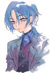  1girl absurdres black_sweater blue_eyes blue_hair blue_shirt blush closed_mouth collared_shirt earclip grey_jacket highres hiodoshi_ao hololive hololive_dev_is jacket jewelry kakult2017 looking_down mole mole_under_eye necklace open_clothes open_jacket shirt short_hair simple_background solo sweater upper_body virtual_youtuber white_background 