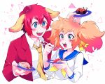  1boy 1girl animal_ears blue_eyes blush bright_pupils character_request cropped_torso dated den1208 dog_ears eyelashes fang food hair_between_eyes holding holding_plate kaiten_muten-maru_sushi_pet neckerchief necktie open_mouth plate redhead roe sailor_collar shirt sushi twitter_username white_background white_pupils white_shirt yellow_neckerchief yellow_necktie 