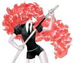  1other androgynous black_necktie collared_shirt crystal_hair gem_uniform_(houseki_no_kuni) houseki_no_kuni long_hair looking_at_viewer mock_ma necktie other_focus padparadscha_(houseki_no_kuni) puffy_short_sleeves puffy_sleeves red_eyes redhead shirt short_sleeves shorts smile solo thigh-highs very_long_hair wavy_hair white_background 