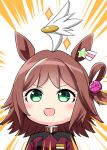  1girl ahoge animal_ears blush breasts brown_hair green_eyes highres horse_ears horse_girl jacket kamelie looking_up medium_breasts open_mouth portrait red_jacket rhein_kraft_(umamusume) short_hair smile solo sparkle umamusume 