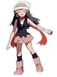  1girl ^_^ beanie black_hair black_shirt black_socks boots closed_eyes full_body hair_ornament half_updo hat highres hikari_(pokemon) holding holding_poke_ball kneehighs long_hair miniskirt open_mouth pink_footwear pink_skirt poke_ball poke_ball_(basic) pokemon pokemon_dppt red_scarf scarf shichibee_(stm_mimi) shirt simple_background skirt smile socks solo white_background white_hat 