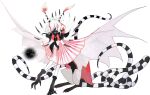  animal_feet animal_frills black_tail claws frills full_body gloves hair_over_eyes highres kamikiririp monster multicolored_hair no_humans original sitting smile solo spread_wings streaked_hair striped_tail tail two-tone_hair two-tone_tail white_background white_hair white_tail wings 