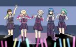  5girls 5yncri5e!_(love_live!) arashi_chisato arm_up arm_warmers black_socks blonde_hair blue_hair brown_hair closed_eyes closed_mouth coco_apollon commentary_request crowd dress glowstick green_hair hands_up headset jellyfish_(love_live!) long_hair long_sleeves love_live! love_live!_superstar!! multicolored_clothes multicolored_dress multicolored_pants multiple_girls onitsuka_natsumi onitsuka_tomari open_mouth pants penlight_(glowstick) sakurakoji_kinako short_hair siblings sisters smile socks stage standing twintails wakana_shiki white_hair 
