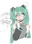  ... 1girl arm_tattoo bad_id bad_twitter_id black_eyes blush collared_shirt detached_sleeves green_hair grey_shirt hatsune_miku highres jori_(gh0stilt) long_hair looking_up nervous shirt solo spanish_text speech_bubble spoken_ellipsis sweatdrop tattoo twintails vocaloid white_background 