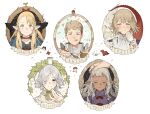  2girls 3boys :q androgynous armor bags_under_eyes black_eyes blonde_hair blue_capelet blush border bow capelet cat character_name choker closed_eyes confetti dark-skinned_male dark_elf dark_skin dungeon_meshi elf falin_touden feathers food food_on_face gorget green_eyes grey_hair happy_tears headpat highres holding holding_feather holding_spoon hood hooded_capelet laios_touden lazy_eye licking_lips long_hair looking_at_viewer mandarin_collar marcille&#039;s_familiar marcille_donato mithrun multiple_boys multiple_girls notched_ear ornate_border picture_frame pointy_ears portrait purple_shirt red_bow red_choker shirt short_bangs short_hair sidelocks smile spoon starshadowmagician straight-on tearing_up tears thistle_(dungeon_meshi) tongue tongue_out uneven_eyes walking_mushroom_(dungeon_meshi) wavy_hair white_background white_shirt winged_lion_(dungeon_meshi) yellow_eyes 