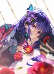  1girl :o alternate_costume black_kimono bug butterfly dutch_angle earrings fingernails flower flower_earrings genshin_impact hair_flower hair_ornament head_on_arm highres japanese_clothes jewelry kimono light_particles long_hair looking_at_viewer lying on_side on_stomach purple_flower purple_hair raiden_shogun red_flower red_sash sash shotgunman solo twitter_username upper_body violet_eyes white_background 