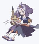  1girl acerola_(pokemon) ahoge armlet book closed_mouth commentary_request dress full_body holding holding_book mimikyu open_book ototoi_(eevees813) pokemon pokemon_(creature) pokemon_sm purple_dress purple_hair sandals short_sleeves smile violet_eyes white_background 