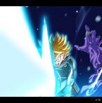  2boys aura blonde_hair blue_jacket commentary_request constricted_pupils dragon_ball dragon_ball_super energy_sword furrowed_brow fused_zamasu green_eyes highres jacket jewelry letterboxed male_focus multiple_boys pov pov_hands ring ruto830 signature super_saiyan sword trunks_(dragon_ball) trunks_(future)_(dragon_ball) weapon zamasu 