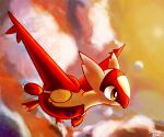  artist_name claws clouds dated day flying highres latias no_humans outdoors pokemon pokemon_(creature) red_eyes signature smile socraion solo sunset wings yellow_eyes 