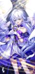  1girl aqua_eyes bare_shoulders chieezuik dress earrings facial_mark falling_feathers feathers floating_hair gloves hair_between_eyes halo head_wings highres holding holding_staff honkai:_star_rail honkai_(series) jewelry long_hair looking_at_viewer musical_note open_mouth purple_dress robin_(honkai:_star_rail) smile solo staff standing teeth two-tone_dress upper_teeth_only white_dress white_gloves wings 