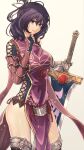  1girl ao_no_kiseki bow-shaped_hair breasts dress eiyuu_densetsu floating_clothes gauntlets half_updo highres holding holding_sword holding_weapon huge_breasts huge_weapon looking_at_viewer purple_hair rixia_mao sidelocks simple_background single_arm_guard smile solo sword violet_eyes weapon white_background yukiko_(leovioykk) zero_no_kiseki 