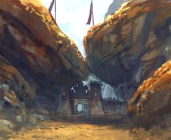  absurdres arch banner blue_sky boulder canyon entrance fortress highres no_humans original painting_(medium) sanegesan scenery shadow sky stone_wall sunlight traditional_media 