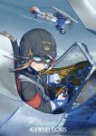  1girl absurdres armband brown_hair clouds dirty dirty_clothes dirty_face erica_(naze1940) flying gloves goggles green_eyes helmet highres looking_at_viewer looking_to_the_side military original pilot ponytail propeller sidelocks sky water_drop wind 