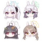  4girls absurdres black_bow black_hair blue_archive blue_eyes blush bow braid branch brown_eyes brown_hair chibi closed_mouth commentary_request densaneraa drooling glasses grey_hair grey_helmet hair_between_eyes hair_bow hair_intakes halo head_only headgear helmet highres leaf leaf_on_head long_hair low_twintails miyako_(blue_archive) miyu_(blue_archive) moe_(blue_archive) mouth_drool multiple_girls one_side_up open_mouth parted_bangs rabbit_platoon_(blue_archive) red_eyes round_eyewear saki_(blue_archive) simple_background smile twintails violet_eyes white_background 