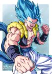  1boy 2094banana abs black_vest blue_eyes blue_hair blue_sash clenched_hands cropped_vest dragon_ball dragon_ball_super dragon_ball_super_broly gogeta highres looking_at_viewer male_focus medium_hair metamoran_vest muscular muscular_male open_mouth pants sash solo spiky_hair teeth vest white_pants 