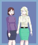  2girls artist_name belt blue_eyes blue_skirt breasts brown_hair diana_cavendish earrings frilled_shirt frills green_hair green_skirt holding_hands jewelry kagari_atsuko large_breasts light_smile little_witch_academia long_hair long_sleeves medium_hair miniskirt multicolored_hair multiple_girls non-web_source open_mouth outside_border pale_skin purple_sweater red_eyes shirt simple_background skirt smile straight_hair sweater teeth thotticus-slayer turtleneck turtleneck_sweater two-tone_hair upper_teeth_only wavy_hair white_background white_hair 