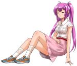  1girl beatmania_iidx breasts closed_eyes full_body goli_matsumoto hair_between_eyes long_hair medium_breasts mizushiro_celica non-web_source official_art open_mouth pink_eyes pink_hair shoes sidelocks skirt sleeping sneakers solo twintails 