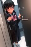  1girl bag black_hair blunt_bangs blush bow bowtie brown_eyes door dutch_angle glasses highres indoors looking_at_viewer matsunaga_kouyou nose_blush opening_door original pink_bow pink_bowtie sailor_collar school_bag school_uniform serafuku shoes sidelocks solo standing uniform 