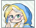  1girl 1segani ahoge bespectacled blue_robe border closed_mouth flying_sweatdrops glasses green_eyes hearthstone hood hood_up jaina_proudmoore long_hair looking_at_viewer multicolored_hair pointing pointing_at_self purple-framed_eyewear robe solo two-tone_hair warcraft white_border white_hair 