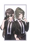  2girls absurdres adjusting_eyewear bang_dream! bang_dream!_it&#039;s_mygo!!!!! black_choker black_gloves black_jacket black_necktie black_pants black_suit brown_hair chinese_commentary choker closed_mouth collared_shirt commentary_request commission earrings gloves green_eyes hand_in_own_hair highres holding holding_sword holding_weapon jacket jewelry katana long_hair looking_at_viewer multiple_girls necktie outside_border pants parted_lips second-party_source shiina_taki shirt suit sunglasses sword tsumalan violet_eyes weapon white_shirt yahata_umiri 