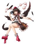  1girl :d bird_wings black_hair black_ribbon black_skirt black_wings bobby_socks book breasts camera collared_shirt commentary_request falling_feathers feathered_wings feathers frilled_skirt frills fuente full_body geta hat holding holding_book holding_camera holding_pen leaf_print medium_breasts medium_hair neck_ribbon nib_pen_(medium) pen pom_pom_(clothes) puffy_short_sleeves puffy_sleeves red_eyes red_footwear red_hat ribbon shameimaru_aya shirt short_sleeves skirt smile socks solo teeth tengu-geta thighs touhou traditional_media transparent_background upper_teeth_only white_shirt wings 