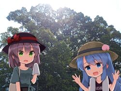  2girls black_hat black_shirt bloom blue_eyes blue_hair blush bow brown_hat collarbone commentary_request day food fruit green_eyes green_shirt grey_hair handkerchief hands_up hat hat_bow highres hinanawi_tenshi holding holding_handkerchief hot long_hair looking_at_viewer multiple_girls nagae_iku open_mouth outdoors peach peach_hat_ornament photo_background plant red_bow ruu_(tksymkw) shirt short_hair short_sleeves split_mouth straw_hat sun sunlight sweat t-shirt touhou tree waving 