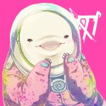  1girl 24mbb beluga_whale bodysuit gnosia grey_eyes happy helmet long_sleeves looking_at_viewer no_humans otome_(gnosia) pink_bodysuit simple_background smile solo space_helmet upper_body 