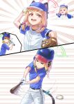  &gt;_&lt; 2girls absurdres animal_ear_headphones animal_ears baseball baseball_(object) baseball_bat baseball_cap baseball_helmet baseball_mitt baseball_uniform batting_stance blonde_hair blue_archive blue_shirt bow cat_ear_headphones cat_ears cat_tail fake_animal_ears gloves green_bow green_eyes green_halo hair_bow halo hat headphones helmet highres holding holding_baseball_bat ksksksa low-tied_sidelocks midori_(blue_archive) momoi_(blue_archive) multiple_girls open_mouth pants pink_bow pink_eyes pink_halo pitching shirt siblings sisters sportswear tail twins white_gloves white_pants white_shirt 