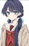  1girl aiai_(okiraku_rough_nisshi) blue_eyes blue_hair blue_ribbon brown_cardigan brown_dress cardigan closed_mouth commentary dark_blue_hair dress hair_ribbon hasu_no_sora_school_uniform link!_like!_love_live! long_hair long_sleeves looking_at_viewer love_live! low_twintails mole mole_on_neck murano_sayaka neckerchief open_cardigan open_clothes red_neckerchief ribbon sailor_collar sailor_dress school_uniform simple_background smile solo twintails upper_body virtual_youtuber white_background white_sailor_collar winter_uniform 