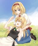  2girls alice_margatroid blonde_hair blue_dress blue_eyes blush bow braid capelet closed_eyes closed_mouth commentary_request dress flower frilled_hairband frills green_bow hair_bow hairband kirisame_marisa lap_pillow lolita_hairband long_hair multiple_girls no_headwear on_grass open_mouth outdoors raki_(for03ge) red_hairband shoes short_sleeves side_braid single_braid sitting skirt smile touhou white_capelet yuri 