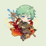  1boy aqua_eyes blush brown_gloves cape chibi ephraim_(fire_emblem) fire_emblem fire_emblem:_the_sacred_stones gloves green_hair holding holding_polearm holding_weapon kyousa38 long_sleeves looking_at_viewer male_focus polearm short_hair smile solo twitter_username weapon 