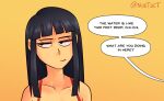  1girl bare_shoulders black_eyes black_hair blunt_bangs chi-chi_(dragon_ball) closed_mouth collarbone dragon_ball dragon_ball_z english_text i&#039;m_not_at_the_beach_this_is_a_bathtub_(meme) long_hair meme nortuet orange_background portrait simple_background solo speech_bubble 