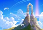  arch artist_name bird blue_sky blurry blurry_foreground chinese_commentary clouds commentary_request day flower highres light_pillar no_humans outdoors pink_flower scenery simple_bird sky sky:_children_of_the_light spbak white_bird yellow_flower 