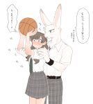  1boy 1girl animal_ears arms_up ball basketball_(object) blush body_fur brown_eyes brown_hair claws closed_mouth collared_shirt cowboy_shot furry furry_with_non-furry green_necktie grey_eyes grey_pants grey_skirt hands_up hetero highres holding holding_ball interspecies long_hair looking_at_another mole mole_under_eye mole_under_mouth necktie open_mouth original pants plaid plaid_pants pleated_skirt rabbit_ears rata_(norahasu) school_uniform shirt short_sleeves simple_background skirt speech_bubble standing sweatband thought_bubble translation_request whiskers white_background white_fur white_shirt 