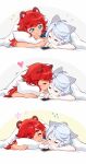  2girls animal_ears bai_xin blue_eyes blush cat_ears cellphone closed_eyes closed_mouth commentary flying_sweatdrops gundam gundam_suisei_no_majo heart highres kemonomimi_mode kiss kissing_cheek long_hair looking_at_another lying miorine_rembran multiple_girls on_stomach phone pillow raccoon_ears redhead smartphone smile suletta_mercury sweatdrop thick_eyebrows under_covers v-shaped_eyebrows white_hair yuri 