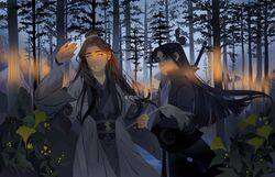  2boys alyruko artist_name black_eyes black_hair black_hanfu brown_hair chinese_clothes commentary english_commentary forest frown grey_cloak grey_eyes grey_hanfu hair_bun hand_up long_hair male_focus modao_zushi mountainous_horizon multiple_boys nature outdoors single_hair_bun smile song_lan sunlight sword sword_on_back symbolism tree water weapon weapon_on_back whisk xiao_guan_(headdress) xiao_xingchen 