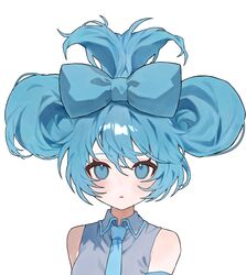  1girl absurdres aqua_bow aqua_eyes aqua_hair aqua_necktie bare_shoulders bow cinnamiku collared_shirt double_bun folded_twintails grey_shirt hair_between_eyes hair_bow hair_bun hair_ornament haru_(ririne9999rine) hatsune_miku highres light_blush looking_at_viewer necktie open_mouth parted_lips shirt simple_background sleeveless sleeveless_shirt solo straight-on upper_body vocaloid white_background 