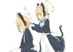  2girls absurdres animal_ear_headphones animal_ears apron black_dress blonde_hair blue_archive blush cat_tail closed_eyes dress fake_animal_ears green_eyes green_halo halo headphones highres long_sleeves maid_apron midori_(blue_archive) midori_(maid)_(blue_archive) momoi_(blue_archive) momoi_(maid)_(blue_archive) multiple_girls official_alternate_costume open_mouth p2p2hifumi pink_halo puffy_long_sleeves puffy_sleeves short_hair siblings simple_background sisters smile tail twins white_apron white_background 
