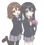  2girls :d black_hair black_jacket black_pantyhose blazer blue_ribbon brown_eyes brown_footwear brown_hair closed_mouth cup grey_skirt hair_ornament hairclip hands_on_another&#039;s_shoulders hirasawa_yui holding holding_cup jacket k-on! loafers long_hair looking_at_viewer multiple_girls nakano_azusa nanonome neck_ribbon pantyhose pleated_skirt red_ribbon ribbon sakuragaoka_high_school_uniform school_uniform shoes short_hair simple_background skirt smile standing teeth tongue twintails upper_teeth_only white_background winter_uniform 