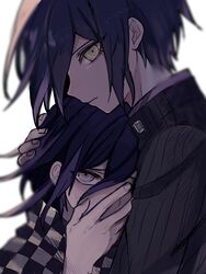  2boys black_hair checkered_clothes checkered_scarf closed_mouth comforting covering_own_mouth danganronpa_(series) danganronpa_v3:_killing_harmony eyelashes flipped_hair from_side hair_between_eyes hand_over_own_mouth highres hug jacket long_sleeves looking_at_viewer male_focus multiple_boys oma_kokichi pinstripe_jacket pinstripe_pattern profile purple_hair ringed_eyes sad scarf serious short_hair simple_background two-tone_scarf upper_body urami0310 violet_eyes white_background yellow_eyes 