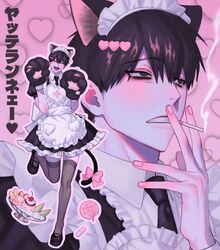  1boy animal_ears animal_hands apron banana bow cat_boy cat_ears cat_tail cherry cigarette closed_eyes commentary_request crossdressing dress extra_ears food fruit girly_boy gloves gyuing666 highres ice_cream maid maid_headdress male_focus male_maid multiple_views parfait paw_gloves paw_pose pink_bow pink_theme shoes smoking standing standing_on_one_leg tail tail_bow tail_ornament translation_request 