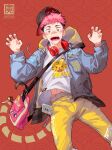  1boy 2022 bandaid bandaid_on_face bandaid_on_nose beitemian blue_jacket character_badge highres hood itadori_yuuji jacket jujutsu_kaisen looking_at_viewer male_focus open_mouth orange_eyes pants pink_bag pink_hair red_background red_headphones scar scar_on_face shirt short_hair solo teeth undercut white_shirt yellow_pants 