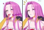  1girl alternate_costume artrum4 blush chips_(food) closed_mouth commentary english_commentary fangs fate/grand_order fate_(series) food forehead gorgon_(fate) head_rest heart highres holding holding_food long_hair long_tongue looking_at_viewer medusa_(fate) open_mouth pink_hair potato_chips saliva scales simple_background slit_pupils solo tongue tongue_out twitter_username very_long_hair violet_eyes white_background yellow_scales 