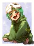  1girl :d barefoot bleach border brown_eyes child commentary_request dress facial_mark fangs full_body green_dress green_hair happy hood hood_down long_sleeves looking_at_viewer lower_teeth_only nelliel_tu_odelschwanck open_mouth purple_background scar scar_on_face short_hair simple_background sitting skull_on_head smile soles solo soraao0322 tareme teeth toes twitter_username v_arms white_border 
