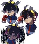  1boy black_hair blue_shirt closed_mouth collared_shirt crossed_bangs gloves hair_between_eyes highres holding holding_poke_ball jacket kieran_(pokemon) long_sleeves male_focus mole mole_on_neck multicolored_hair multiple_views parted_lips partially_fingerless_gloves poke_ball poke_ball_(basic) pokemon pokemon_sv purple_hair red_gloves shaded_face shirt simple_background tears translation_request twitter_username white_background yellow_eyes yomogi_dango_(sbj_rocketlink) 