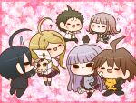  3boys 3girls ? ahoge akamatsu_kaede animal backpack bag bandaid bandaid_on_cheek bandaid_on_face bare_arms black_cat black_eyes black_footwear black_gloves black_hair black_jacket black_pants black_socks black_thighhighs blazer blonde_hair blue_jacket blunt_bangs blunt_ends blush boots border bow bowtie breasts brown_footwear brown_hair brown_skirt buttons calico cat chibi closed_mouth collared_jacket collared_shirt commentary_request crossed_bandaids danganronpa:_trigger_happy_havoc danganronpa_(series) danganronpa_2:_goodbye_despair danganronpa_v3:_killing_harmony eyelashes flying_sweatdrops from_behind galaga gloves green_jacket green_necktie hair_between_eyes hair_ornament hairclip high-waist_skirt high_collar hinata_hajime holding holding_animal holding_cat holding_paper hood hood_down hooded_jacket jacket kirigiri_kyoko knee_boots kneehighs lapels large_breasts layered_sleeves light_blush long_hair long_sleeves looking_at_another looking_back miniskirt motion_lines multiple_boys multiple_girls musical_note musical_note_hair_ornament musical_note_print naegi_makoto nanami_chiaki necktie notched_lapels open_clothes open_jacket open_mouth orange_necktie outside_border outstretched_arms pale_skin panicking pants paper pink_background pink_bag pink_border pink_bow pink_bowtie pink_hair pink_shirt pinstripe_jacket pinstripe_pants pinstripe_pattern pleated_skirt pocket purple_footwear purple_jacket purple_skirt purple_vest reaching red_footwear saihara_shuichi shirt shoes short_hair short_sleeves simple_background skirt smile socks solid_oval_eyes speed_lines spiky_hair starry_background straight_hair sweatdrop sweater_jacket thigh-highs triangle_mouth v-shaped_eyebrows very_long_hair vest walking white_bag white_footwear white_shirt white_socks yumaru_(marumarumaru) zipper 