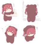  1girl :&lt; a-ka animal_costume arms_up bear_costume blush chibi from_above from_behind hololive houshou_kumarine houshou_marine long_hair looking_at_another meme_attire no_mouth red_eyes redhead translation_request twintails virtual_youtuber yellow_eyes 