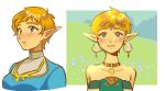  1girl absurdres alternate_hairstyle ao_clover blonde_hair blush breasts dress earrings green_eyes highres jewelry looking_at_viewer multiple_views open_mouth pixie_cut pointy_ears princess_zelda short_hair smile the_legend_of_zelda the_legend_of_zelda:_breath_of_the_wild the_legend_of_zelda:_tears_of_the_kingdom very_short_hair 