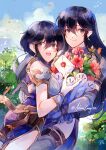  2girls armor artist_name ayra_(fire_emblem) belt black_hair blue_sky bouquet breastplate commentary cowboy_shot creyton earrings elbow_gloves english_commentary envelope fire_emblem fire_emblem:_genealogy_of_the_holy_war flower gloves highres holding holding_bouquet hug jewelry larcei_(fire_emblem) letter long_hair looking_back mother_and_daughter multiple_girls purple_tunic short_hair shoulder_armor side_slit sidelocks sky smile tree tunic 